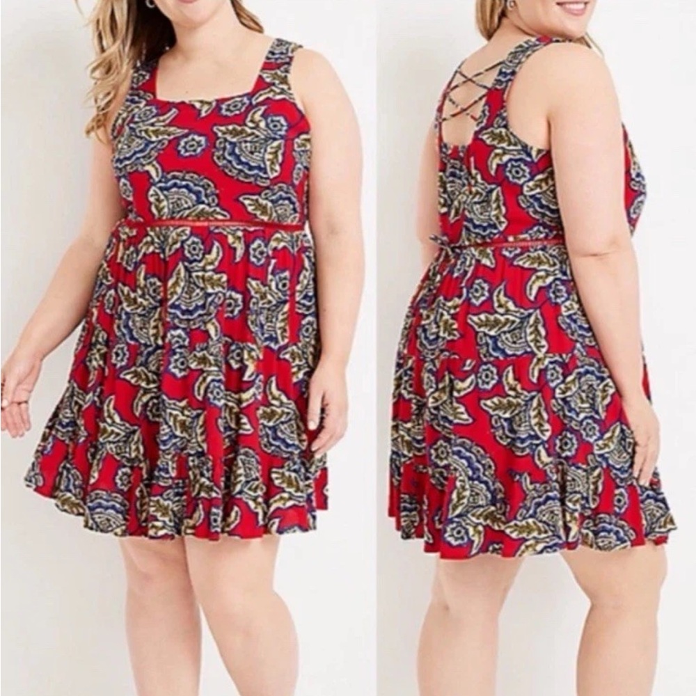 Maurices Dress Plus Red Floral Ruffle Hem Lattice Back Lined Skater Size XXL